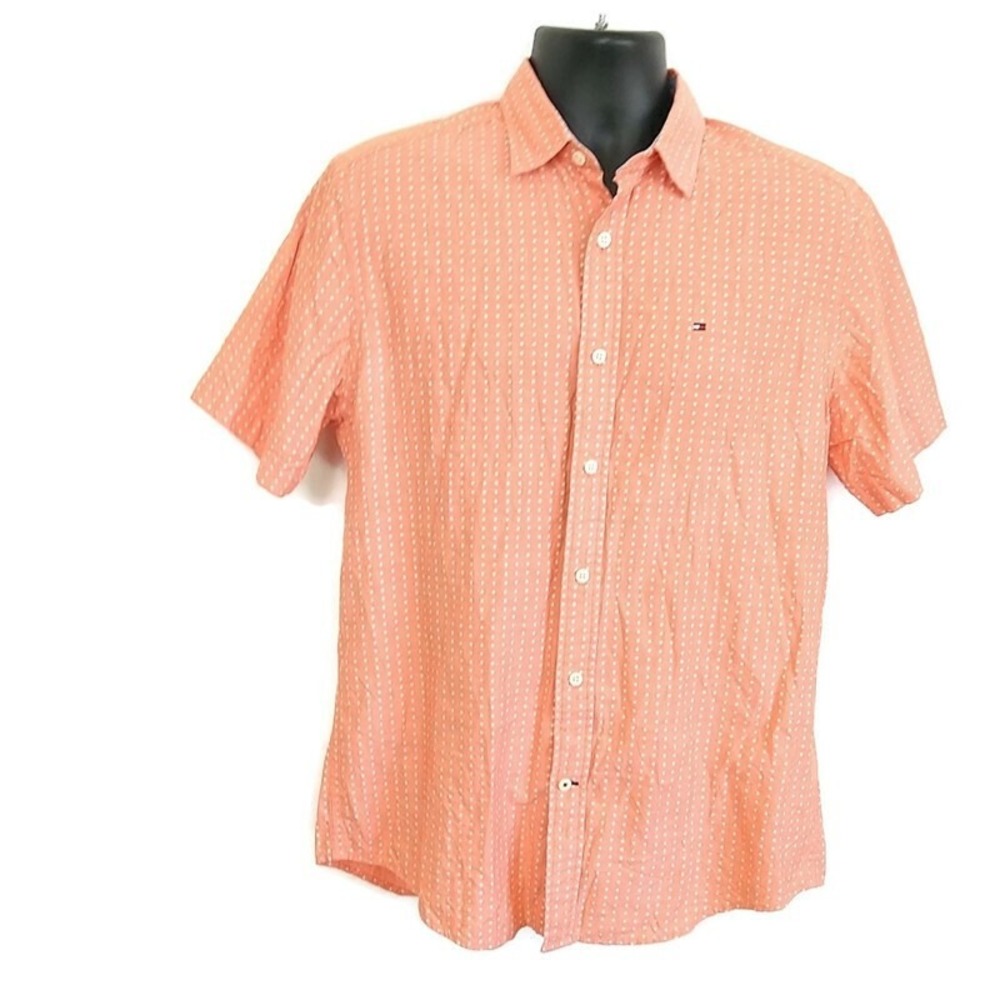 Tommy Hilfiger Button Down Shirt Men Small Coral Orange Dotted Classic Fit